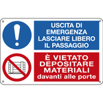 Cartello segnalatore multisimbolo - 30x20 cm - USCITA DI EMERGENZA&/E\ VIETATO DEPOSITARE& - alluminio - Cartelli Segnalatori