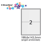Etichetta adesiva - permanente - 199,6x143,5 mm - angoli tondi - 2 etichette per foglio - bianco - Starline - conf. 100 fogli A4