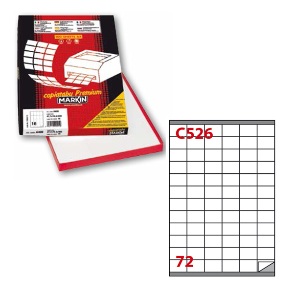 Etichetta adesiva C526 - permanente - 35x23,5 mm - 72 etichette per foglio - bianco - Markin - scatola 100 fogli A4