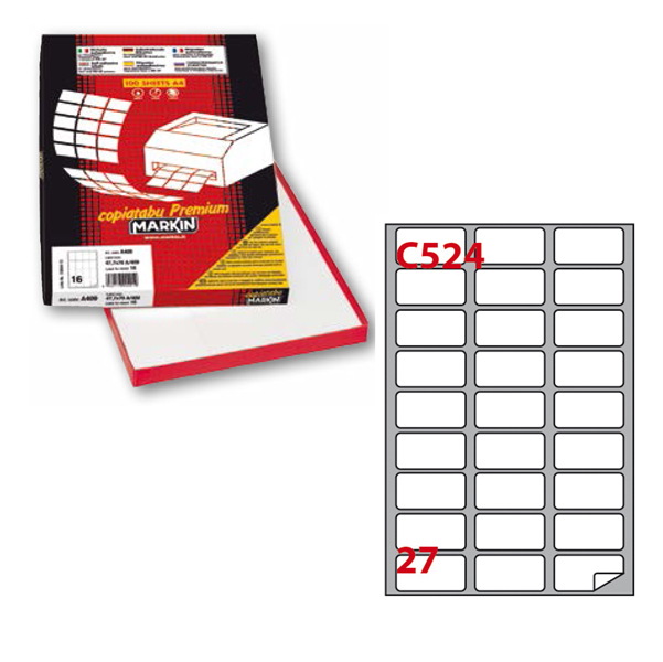 Etichetta adesiva C524 - permanente - 56x28 mm - 27 etichette per foglio - bianco - Markin - scatola 100 fogli A4