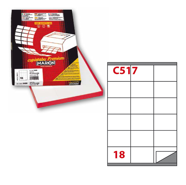 Etichetta adesiva C517 - permanente - 70x48 mm - 18 etichette per foglio - bianco - Markin - scatola 100 fogli A4