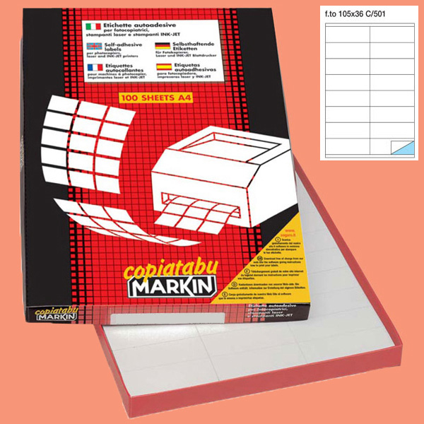 Etichetta adesiva C501 - permanente - 105x36 mm - 16 etichette per foglio - bianco - Markin - scatola 100 fogli A4