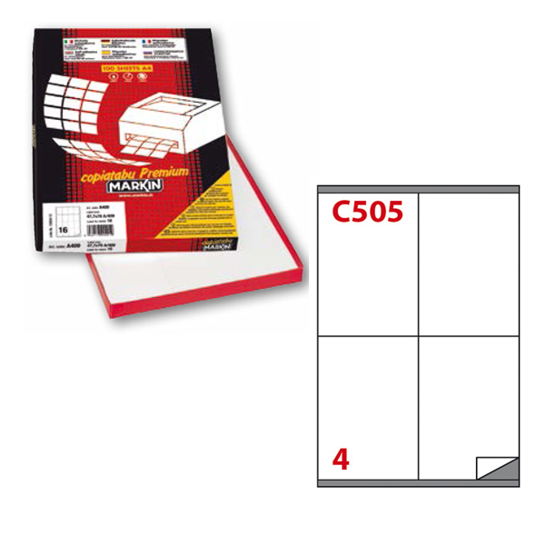 Etichetta adesiva C505 - permanente - 105x140 mm - 4 etichette per foglio - bianco - Markin - scatola 100 fogli A4
