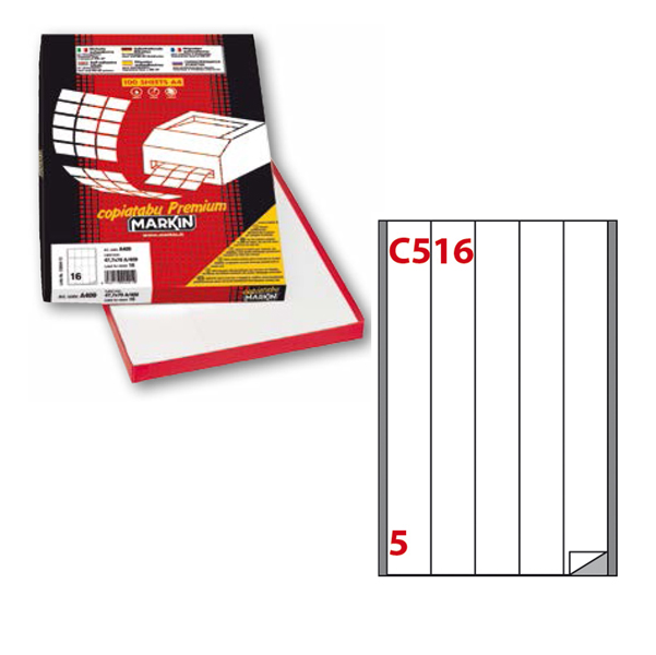 Etichetta adesiva C516 - permanente - 40x297 mm - 5 etichette per foglio - bianco - Markin - scatola 100 fogli A4