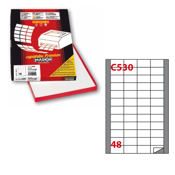 Etichetta adesiva C530 - permanente - 48x25 mm - 48 etichette per foglio - bianco - Markin - scatola 100 fogli A4