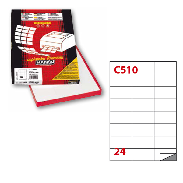 Etichetta adesiva C510 - permanente - 70x37 mm - 24 etichette per foglio - bianco - Markin - scatola 100 fogli A4