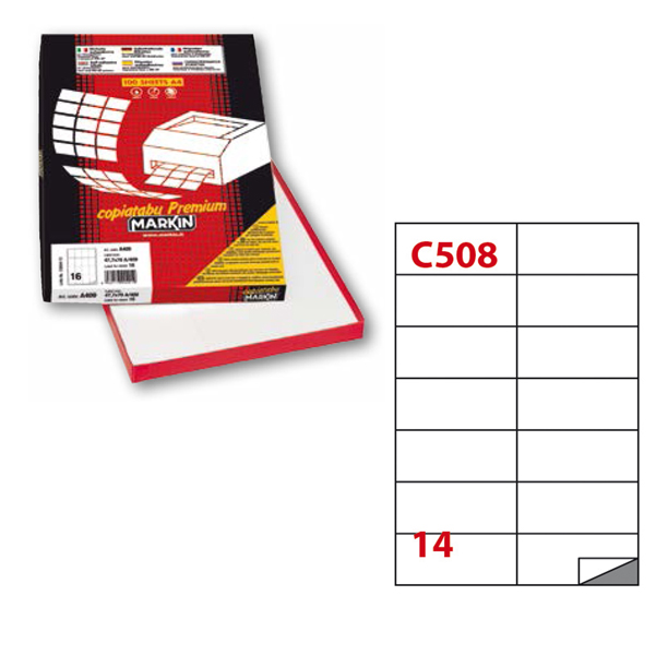 Etichetta adesiva C508 - permanente - 105x42 mm - 14 etichette per foglio - bianco - Markin - scatola 100 fogli A4