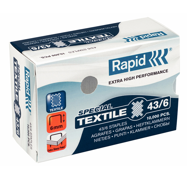 Punti Rapid Super Strong Textile - 43/6 - acciaio zincato - per tessuti - Rapid - conf. 10000 pezzi