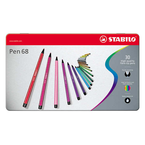 Pennarelli Pen 68 astucci e rotoli - 30 colori - Stabilo - scatola in metallo 30 pennarelli