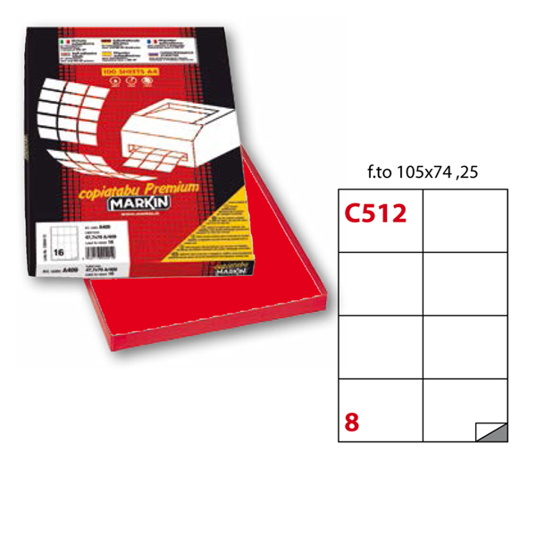 Etichetta adesiva C512- permanente - 105x74 mm - 8 etichette per foglio - rosso - Markin - scatola 100 fogli A4