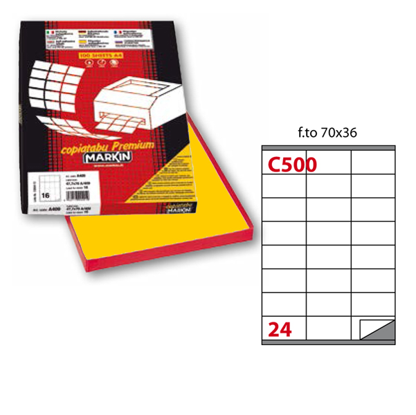 Etichetta adesiva C500 - permanente - 70x36 mm - 24 etichette per foglio - giallo - Markin - scatola 100 fogli A4