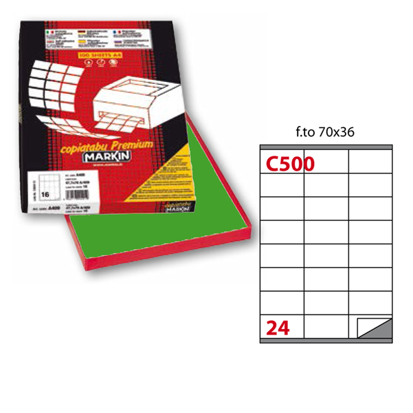 Etichetta adesiva C500 - permanente - 70x36 mm - 24 etichette per foglio - verde - Markin - scatola 100 fogli A4