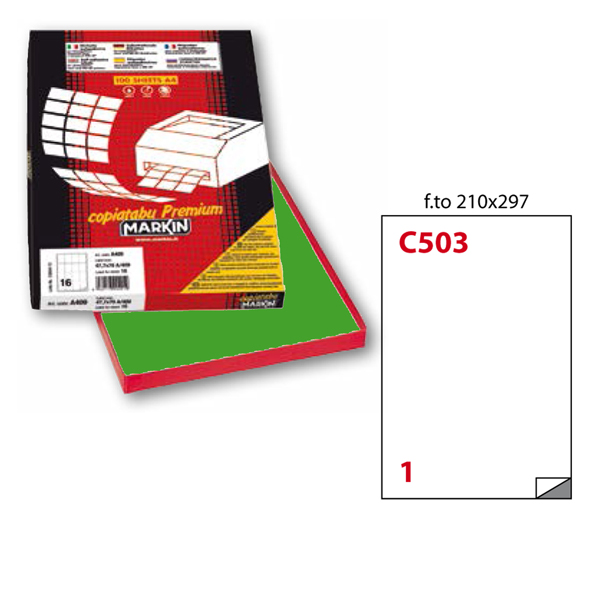 Etichetta adesiva C503 - permanente - 210x297 mm - 1 etichetta per foglio - verde - Markin - scatola 100 fogli A4