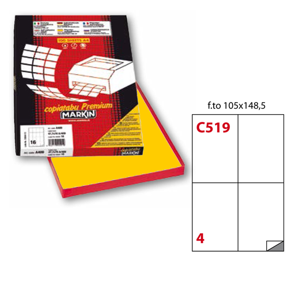 Etichetta adesiva C519 - permanente - 105x148 mm - 4 etichette per foglio - giallo - Markin - scatola 100 fogli A4