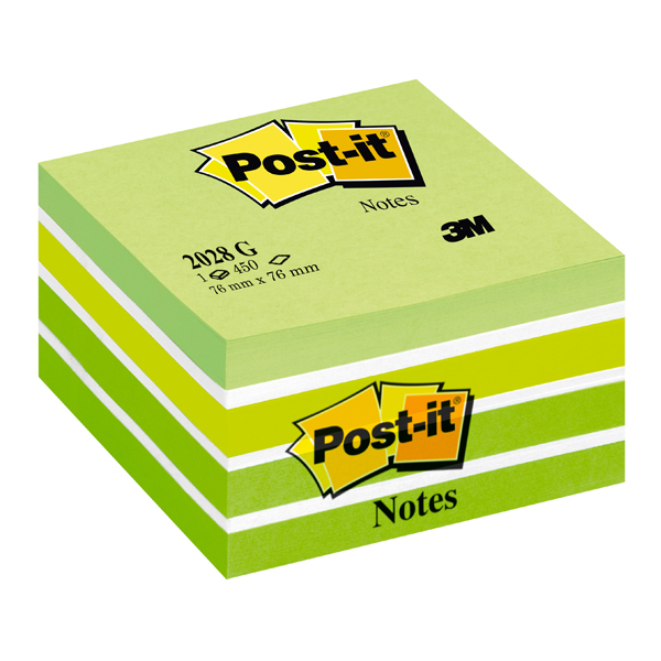 Blocco foglietti Cubo - 76 x 76mm - verde pastello, verde neon, verde ultra, bianco - 450 fogli - Post it®