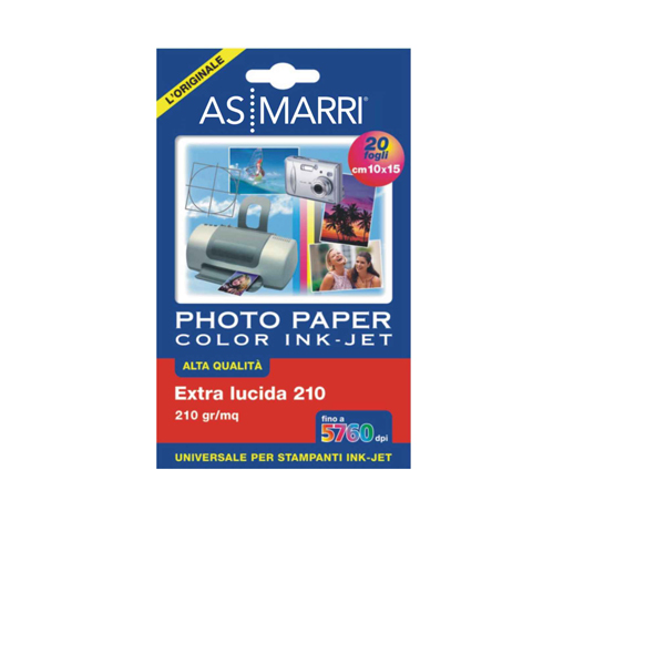 Carta fotografica Inkjet - A6 - 210 gr - effetto extra lucido - bianco - As Marri - conf. 20 fogli