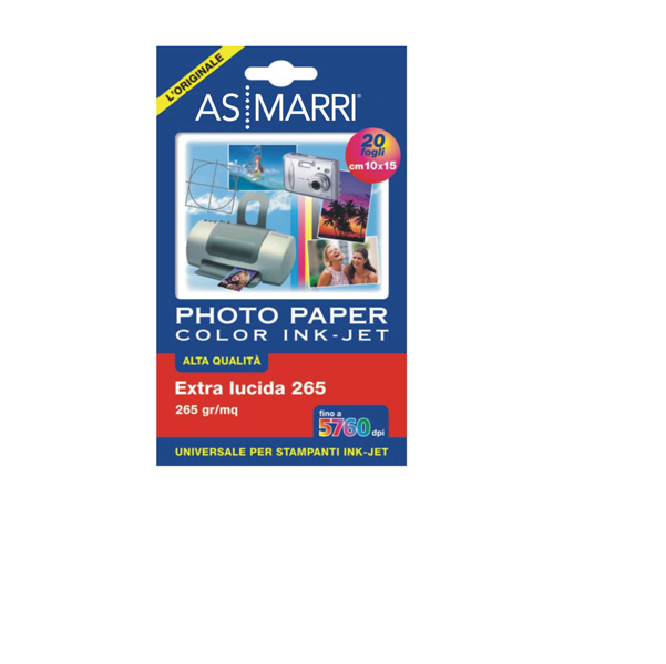 Carta fotografica Inkjet - A6 - 265 gr - effetto extra lucido - bianco - As Marri - conf. 20 fogli