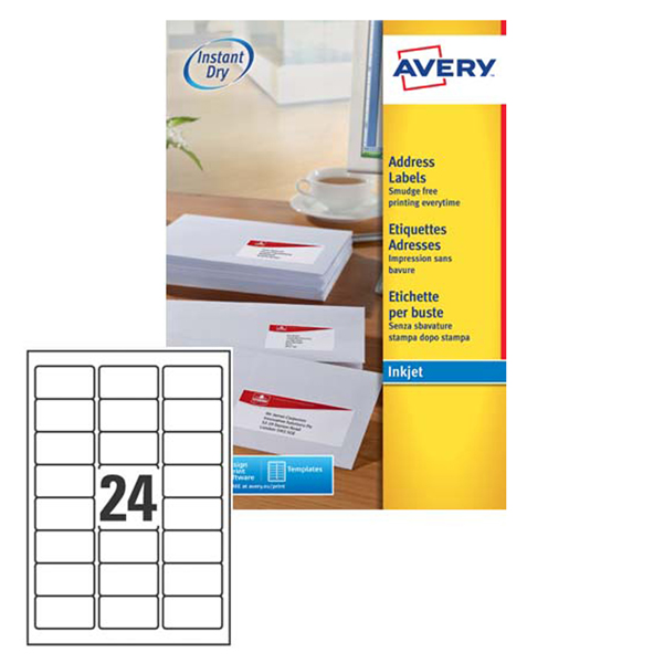 Etichetta adesiva J8159 Avery - bianco - adatta a stampanti inkjet - 63.5x33.9 mm - 24 etichette per foglio - conf. 25 fogli A4