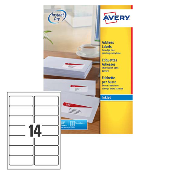 Etichetta adesiva J8163 Avery - bianco - adatta a stampanti inkjet - 99.1x38.1 mm - 14 etichette per foglio - conf. 25 fogli A4