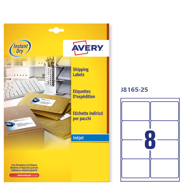 Etichetta adesiva J8165 Avery - bianco - adatta a stampanti inkjet - 99.1x67.7 mm - 8 etichette per foglio - conf. 25 fogli A4