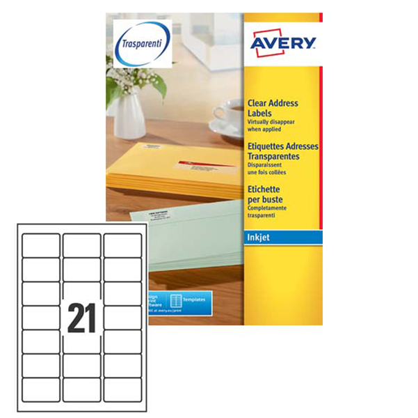 Poliestere adesivo j8560 trasparente 25fg A4 63,5x38,1mm (21et/fg) inkjet avery