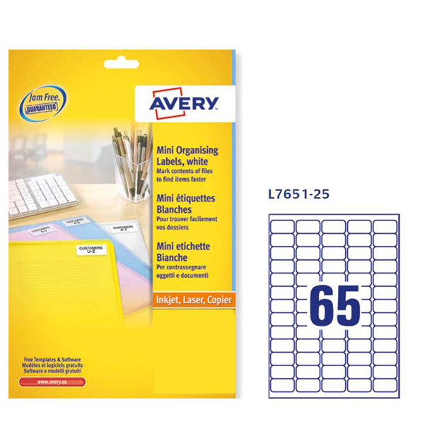 Etichetta adesiva L7651 - permanente - 38,1x21,2 mm - 65 etichette per foglio - bianco - Avery - conf. 25 fogli A4