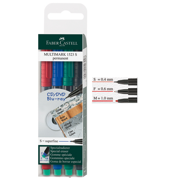 Pennarello Multimark universale permanente con gomma - astuccio 4 colori - punta superfine 0,4mm - Faber Castell