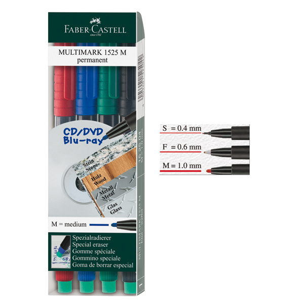 Pennarello Multimark universale permanente con gomma  - punta media 1,0mm - astuccio 4 colori - Faber Castell