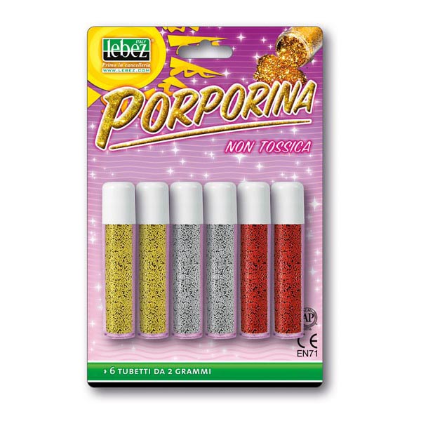 Porporina glitter - 2gr - colori assortiti - Lebez - Conf. 6 tubi