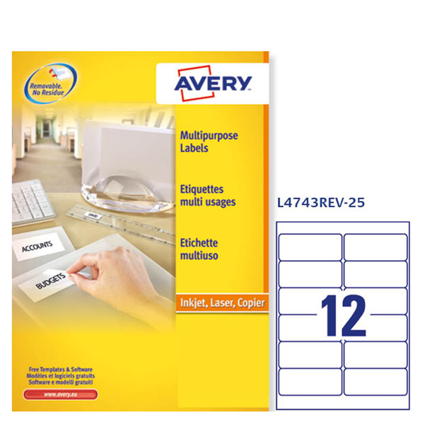 Etichetta adesiva L4743REV - rimovibile - 99,1x42,3 mm - 12 etichette per foglio - bianco - Avery - conf. 25 fogli A4