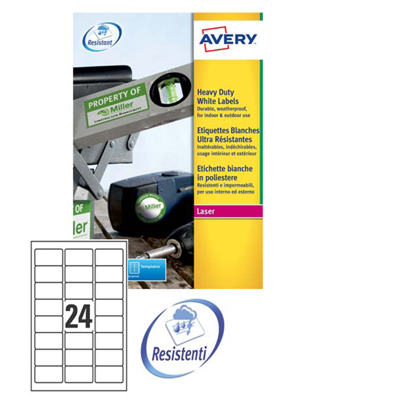 Poliestere adesivo l4773 bianco 20fg A4 63,5x33,9mm (24et/fg) laser avery