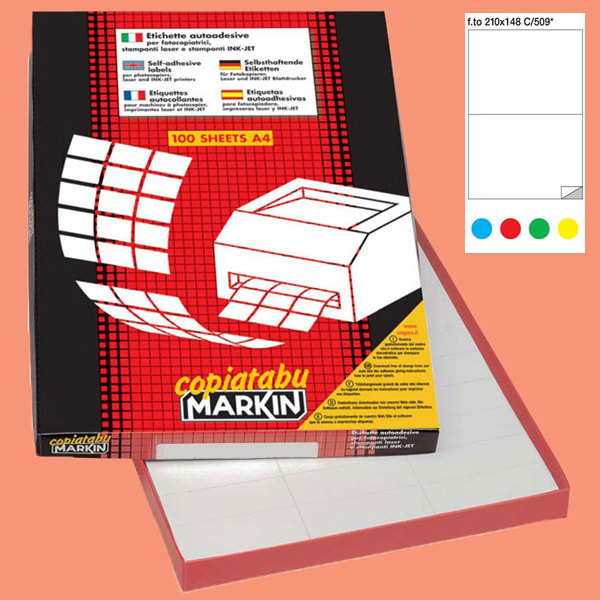 Etichetta adesiva C509 - permanente - 210x148 mm - 2 etichette per foglio - rosso - Markin - scatola 100 fogli A4