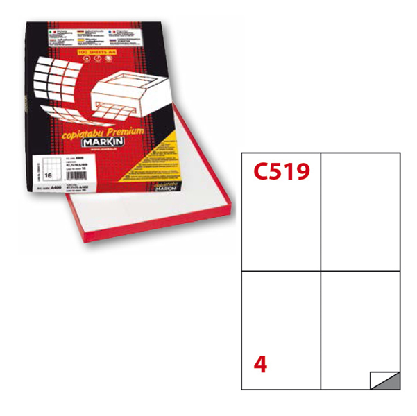 Etichetta adesiva C519 Extra Forte - permanente - 105x148 mm - 4 etichette per foglio - bianco - Markin - scatola 100 fogli A4