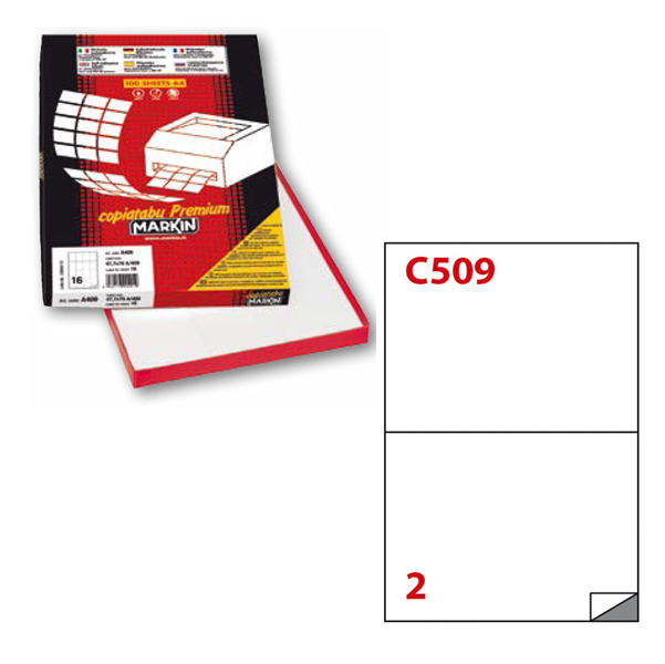 Etichetta adesiva C509 Extra Forte - permanente - 210x148 mm - 2 etichette per foglio - bianco - Markin - scatola 100 fogli A4