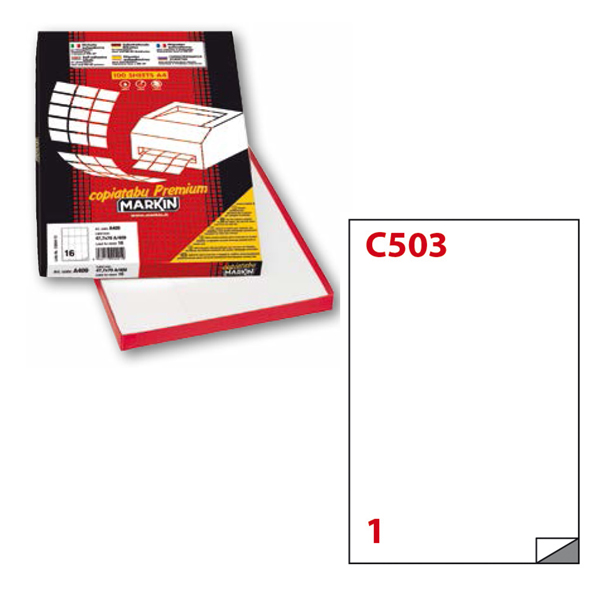 Etichetta adesiva C503 Extra Forte - permanente - 21x29,7 cm - 1 etichetta per foglio - bianco - Markin - scatola 100 fogli A4