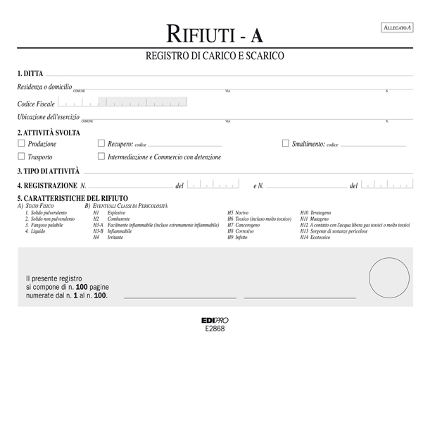 Registro carico/scarico rifiuti detentori (Mod. A) - 22,5 x 29,7cm - 100pg - numerate - Edipro