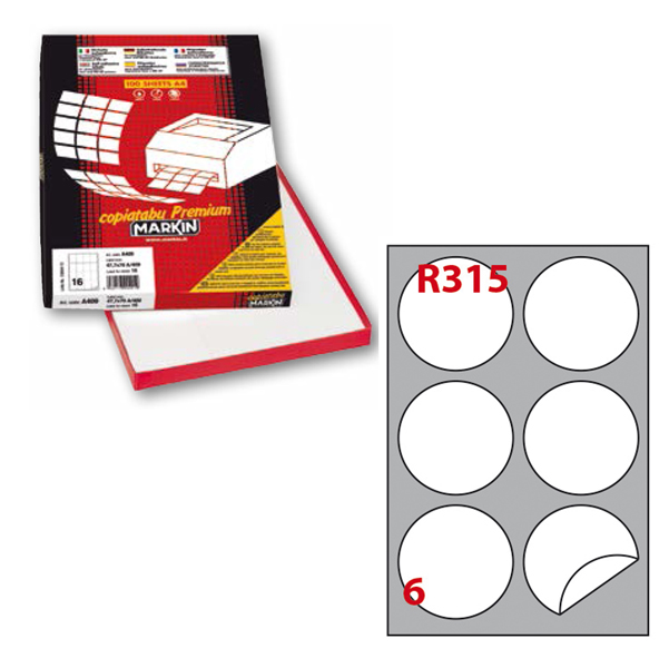 Etichetta adesiva R315 - permanente - tonda ø 85 mm - 6 etichette per foglio - bianco - Markin - scatola 100 fogli A4