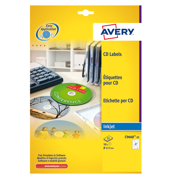 Etichetta adesiva C9660 per CD/DVD - permanente - ø 117 mm - 2 etichette per foglio -  bianco glossy - Avery - conf. 25 fogli A4