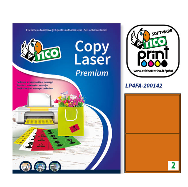 Etichetta adesiva LP4F  - permanente - 200x142 mm - 2 etichette per foglio - arancio fluo - Tico - conf. 70 fogli A4