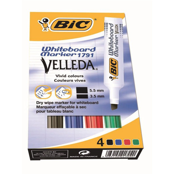 Pennarello Whiteboard Marker Velleda 1791 - punta a scalpello da 3,3 a 4,6mm - astuccio 4 colori - Bic