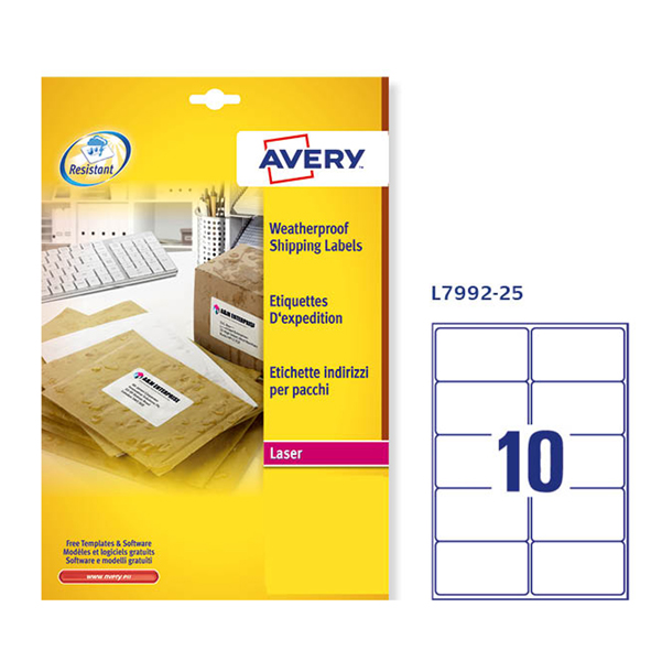 Poliestere adesivo l7992 bianco imperm 25fg A4 99,1x57mm (10et/fg) laser avery