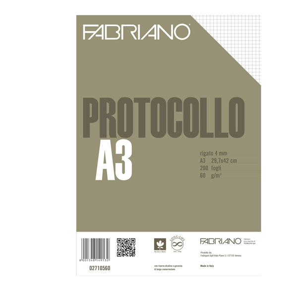 Fogli protocollo -  A4 - quadretto 4mm - 200 fogli - 60 gr - Fabriano