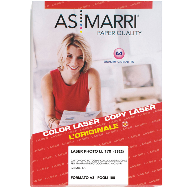 Carta laser - A3 - 170 gr - effetto lucido fronte/retro - bianco - As Marri - conf. 100 fogli