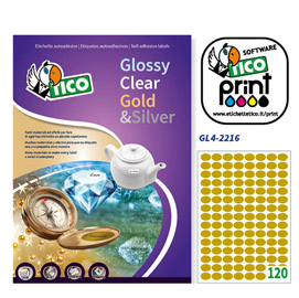 Etichetta adesiva GL4 - ovale - permanente - 22x16 mm - 120 etichette per foglio - satinata oro - Tico - conf. 100 fogli A4