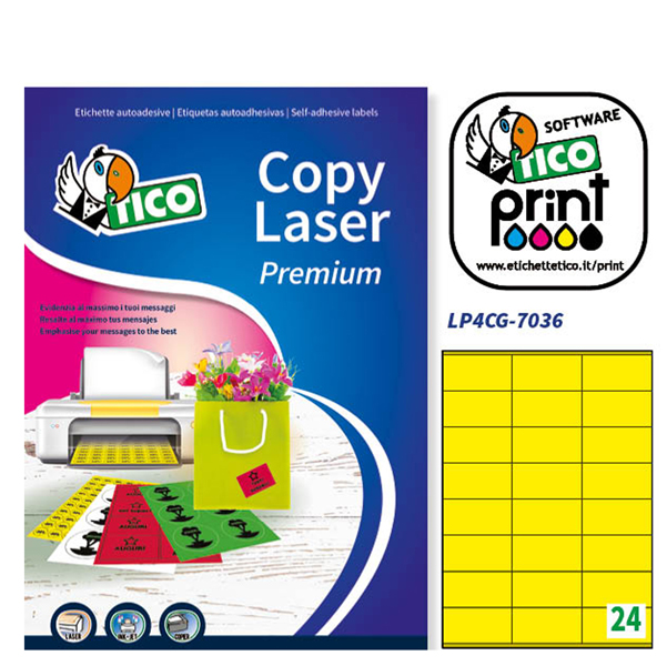 Etichetta adesiva LP4C - permanente - 70x36 mm - 24 etichette per foglio - giallo opaco - Tico - conf. 70 fogli A4