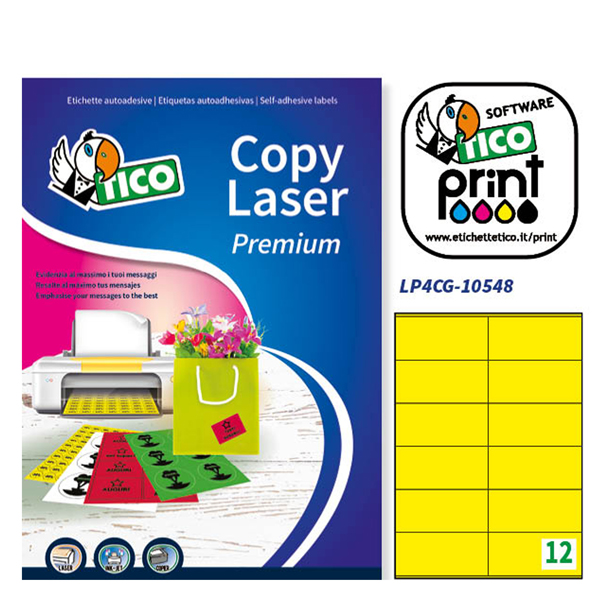 Etichetta adesiva LP4C - permanente - 105x48 mm - 12 etichette per foglio - giallo opaco - Tico - conf. 70 fogli A4
