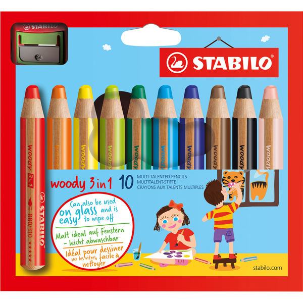 Pastelli colorati Woody 3in1 - mina 10mm - con temperino - Stabilo - Astuccio 10 pastelli