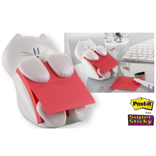 Dispenser gatto bianco + ricarica Post it® Super Sticky Z Notes rosso rubino - 76 x 76mm - 90 fogli - Post it®