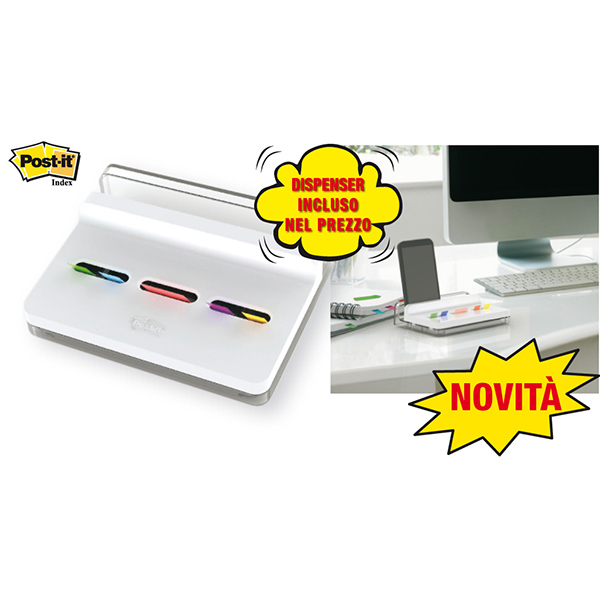 Dispenser Post-it® Index Slim - segnapagina Index Medium e Mini (inclusi) - bianco - Post it®