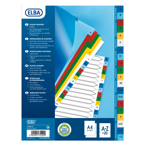 Separatore alfabetico A/Z ELba - tacche colorate - PP - A4 - Favorit